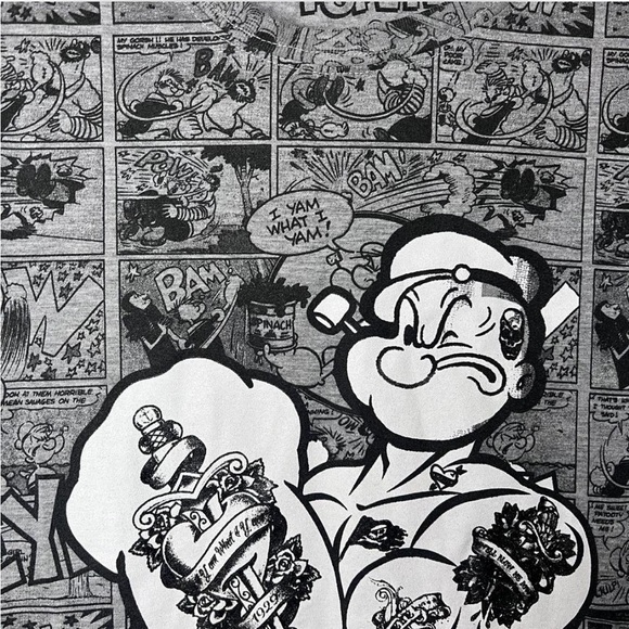 Vintage Popeye Comic Long Sleeve Shirt | Graphic Tee Size L Gray Black - Picture 3 of 5